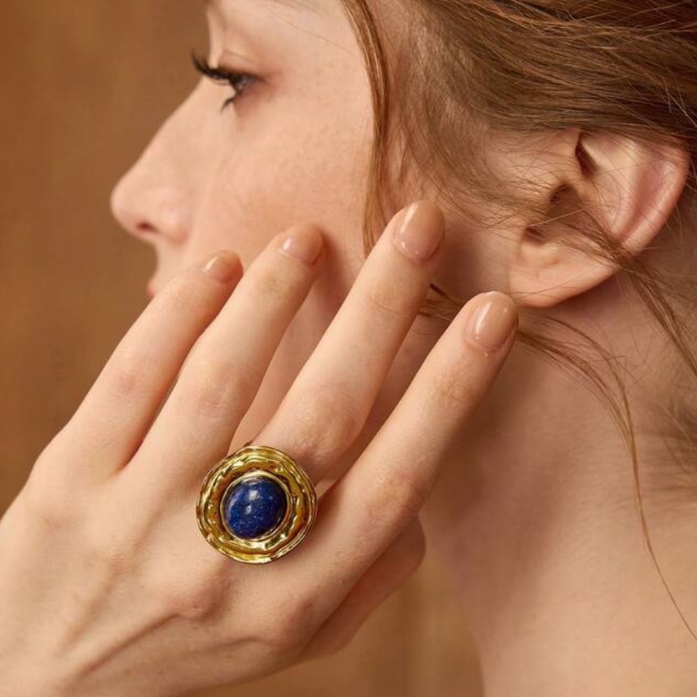 New! Antique Gold and Blue Statement Ring Adjustable